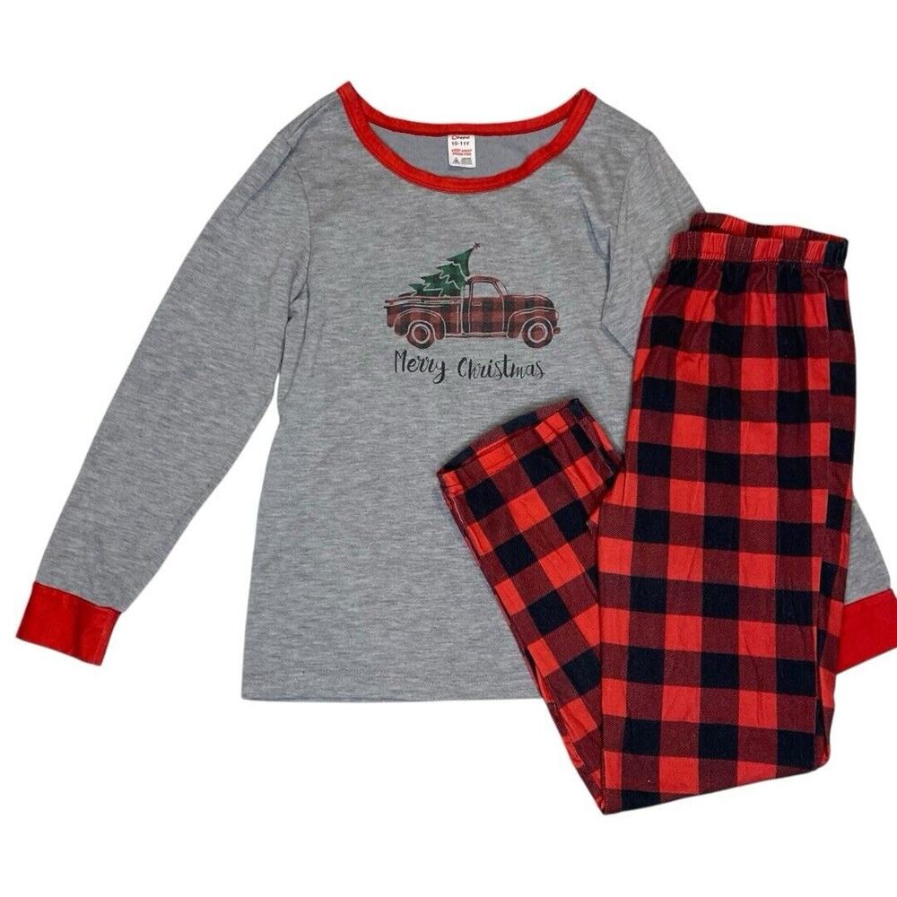 Christmas Pajamas Kids 10/11 Antique Truck Buffalo Plaid Holidaycore Matching PJ - Picture 6 of 6
